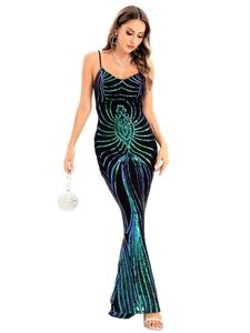 Detailed view of the sparkling peacock green sequins and slim fit on a backless evening dress