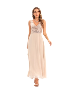 Detailed full view of champagne sequin top sleeveless chiffon evening gown for parties