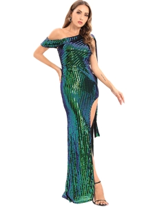 Detail of sequin evening dress showing side slit and shimmering gradient texture
