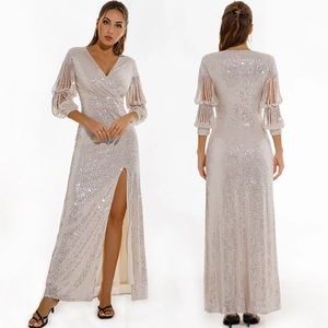 Elegant champagne sequin evening dress with V-neck, high slit and tassel hollow sleeves
