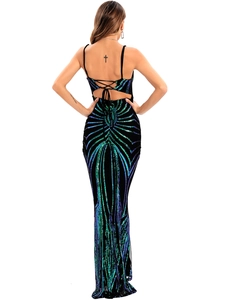Detail of cross-back straps and gradient green to blue sequins on a fishtail dress