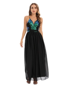 Detail of sequined embroidery on backless evening dress with V-neck and chiffon skirt