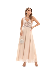 Detailed close-up of champagne chiffon maxi dress with sequins and elegant deep V-neck