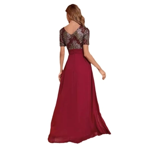 Elegant burgundy evening maxi dress featuring sequined bodice and open V-back design