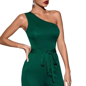 Elegant dark green one-shoulder sleeveless jumpsuit with silk luster and waist belt