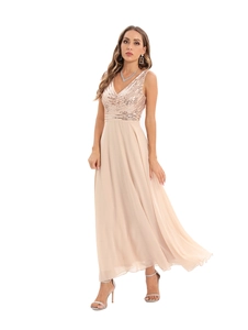 Close-up of champagne V-neck evening dress with dense sequin embroidery and chiffon skirt