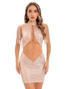 Détail de robe à paillettes champagne avec manches à franges et empiècement en résille