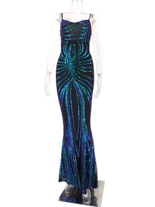 Detail of teal sequin peacock feather pattern on a slim black floor-length dress