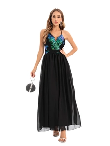 Detailed view of the deep V-neck sequin bodice with peacock blue and green embroidery