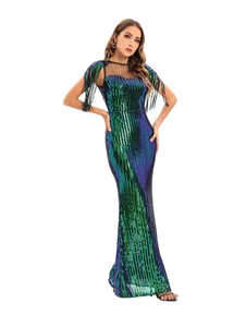 Detail of dark green and royal blue sequined stripes with black mesh and fringe on gown