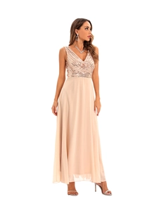 Detailed close-up of champagne sequins and V-neckline on this elegant evening dress