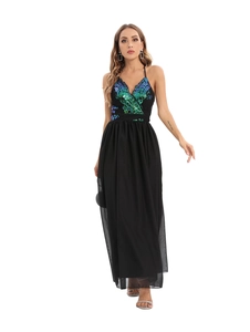 Detail of sequined halter neck dress showing gradient sequins and sheer chiffon skirt
