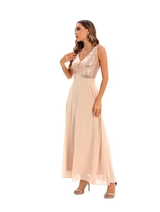 Detailed view of champagne sequined bodice and flowing chiffon skirt on elegant evening gown