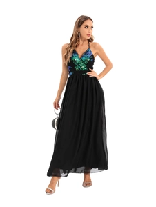 Close-up of deep V-neck halter dress with shimmering teal sequins and lace trim