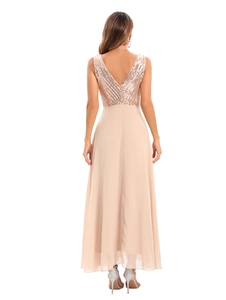 Elegant back view of champagne sequined party dress with deep V back and chiffon skirt