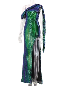 Detail of gradient sequins and high slit on a sexy one-shoulder backless evening dress