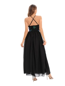 Detail of the open back with cross-straps and teal sequin embroidery on black evening dress
