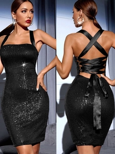 Femme Robe Mini à Paillettes Dos Nu Sexy Vintage Scintillante Bretelles Spaghetti Trapèze Robe de Cocktail Fête Banquet