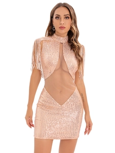 Détail de robe à paillettes or rose avec empiècement en résille et épaules à franges
