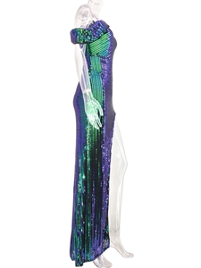 Detail of gradient sequins on backless evening dress with side slit and slim fit design