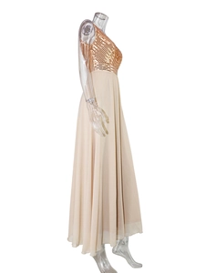 Detail of rose gold sequins on bodice and champagne chiffon skirt of evening dress