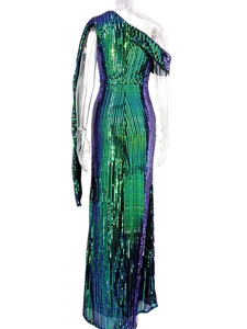 Detail of green and purple sequin maxi dress featuring a sexy backless one-shoulder design