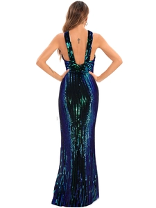 Close-up detail of the open back and blue-green striped sequins on this mermaid evening dress