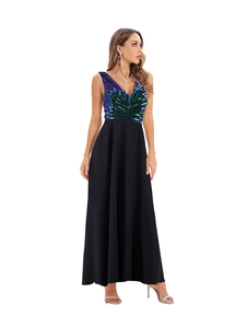 Detail of V-neck sleeveless bodice with multicolored sequins on elegant black evening dress