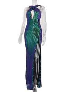 Detail of sequin halter maxi dress with cutout neckline and gradient vertical stripes