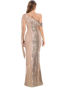 Detailed back view of a sexy backless green sequin evening dress with a slim fit cut