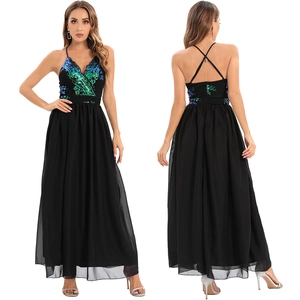 Women Sexy Backless Sequin Maxi Dress Chiffon V Neck Cross Straps Elegant Evening Party Formal Banquet Long Gown Nightwear