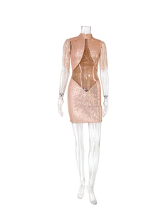 Détail d'une robe à paillettes champagne avec découpe en losange et franges d'épaule