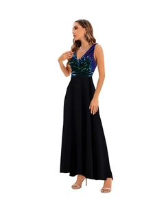 Detail of sequin deep V-neck bodice with peacock blue gradient and black maxi skirt