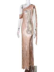 Detail of rose gold sequin evening gown with one-shoulder ribbon and high split design
