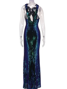 Detail view of backless sequin evening dress with sparkling vertical green and blue lines