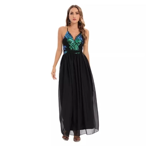 Sexy backless chiffon maxi dress with peacock green sequin deep V-neck and black skirt