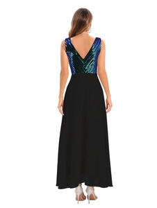 Detail of sequins bodice and deep V-back design of black chiffon evening dress