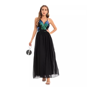 Elegant backless black chiffon evening dress with colorful peacock sequins and V-neckline