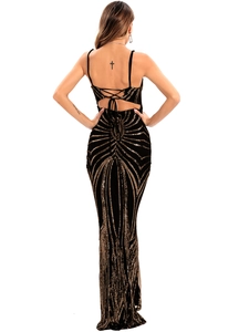 Detail of cross-back straps and golden sequins on a sexy backless evening gown