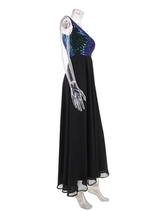 Detailed side view of sleeveless evening dress with gradient sequins and chiffon skirt