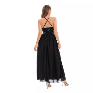 Sexy backless black chiffon maxi dress with sequins and crisscross straps for parties