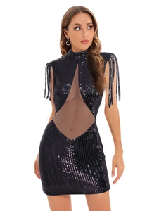 Détail de paillettes noires, tulle transparent et franges aux épaules sur la robe