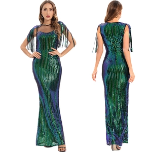Sexy Sleeveless Sequined Maxi Evening Dress With Fringe Mesh Splice Bodycon Fishtail Party Dress For Women Formal Gown