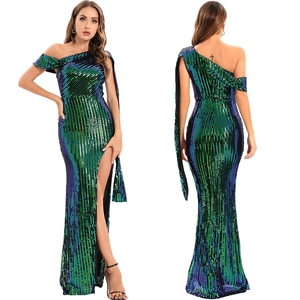 Women Sexy One Shoulder Sequin Evening Gown High Slit Backless Elegant Banquet Party Maxi Dress Formal Prom Long Dress