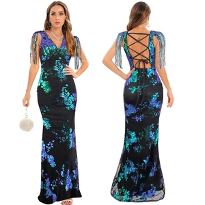 Robe de Soirée Sexy Dos Nu à Paillettes pour Femmes Col en V Gland Sirène Robe Maxi pour Banquet de Mariage Fête Robe Longue