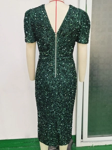 Close-up of a deep green sequin dress featuring a full-length silver back zipper detail