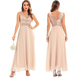 Elegant V-Neck Sleeveless Sequin Maxi Evening Dress Sexy Chiffon High Waist A-Line Party Gown For Women Wedding Banquet