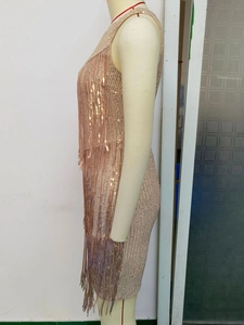 Detail shot of champagne gold sequins and long tassels on the backless evening dress