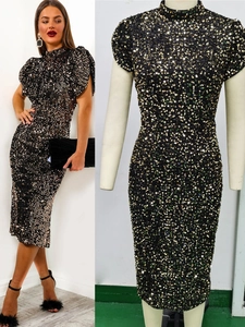 Vintage Sequin Midi Dress For Women Sexy High Neck Short Sleeve Slim Fit Bodycon Evening Party Nightclub Prom Dress