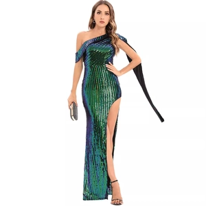 Sexy one-shoulder green blue sequin evening dress with backless design and high slit